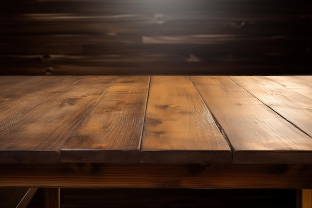 Um close-up de uma mesa de madeira com uma IA generativa de fundo desfocado