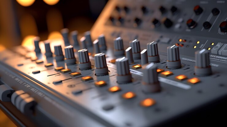 Foto um close-up de uma mesa de mixagem com a palavra música nela