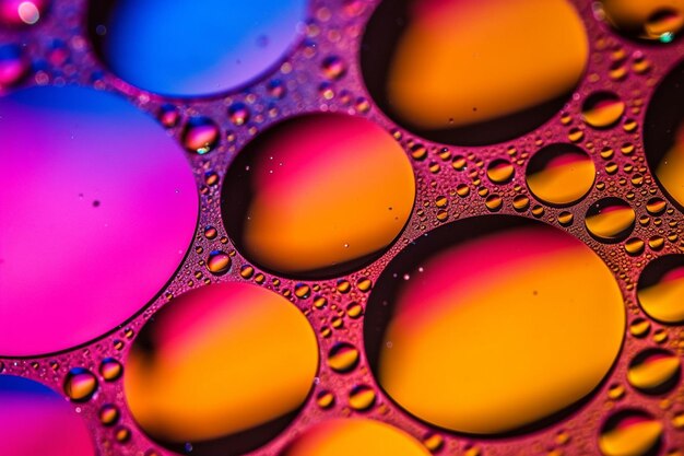 Um close-up de uma mistura de óleo e água com um fundo roxo generativo ai