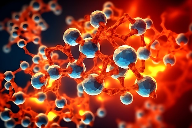 Um close-up de uma molécula com esferas azuis e a palavra química nela