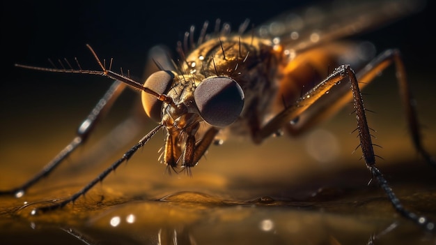 Um close-up de uma mosca com um fundo escuro