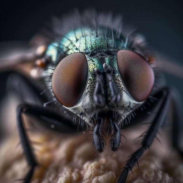 Um close-up de uma mosca com um fundo preto