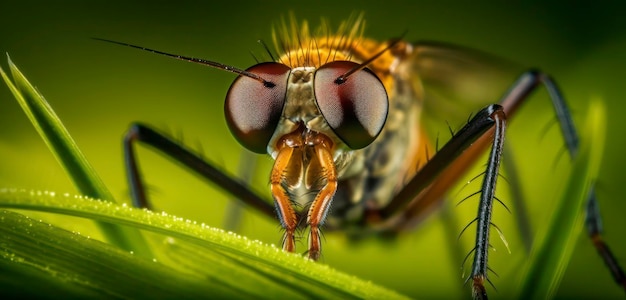 Foto um close-up de uma mosca com um fundo verde