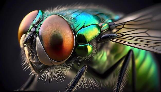 Um close-up de uma mosca com um olho verde e vermelho