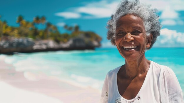 Um close-up de uma mulher afro-americana sorridente caminhando na praia.