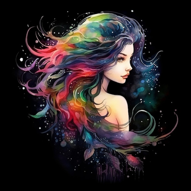 um close-up de uma mulher com cabelos longos e cabelos coloridos