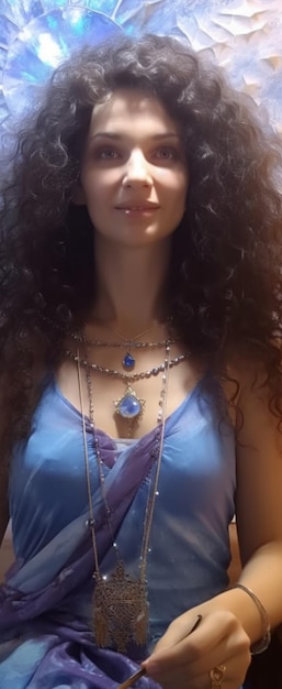 um close-up de uma mulher com cabelos longos vestindo um vestido azul generativo ai