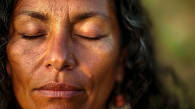 Um close-up de uma mulher com os olhos fechados em meditação ela está participando de uma dança de cura um