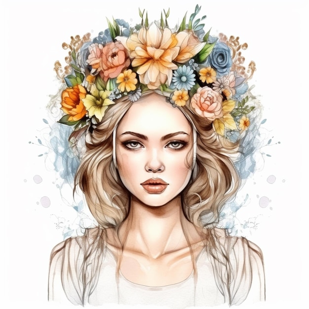 Foto um close-up de uma mulher com uma coroa de flores na cabeça generativa ai