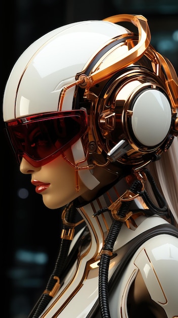 um close-up de uma mulher usando um capacete branco e dourado