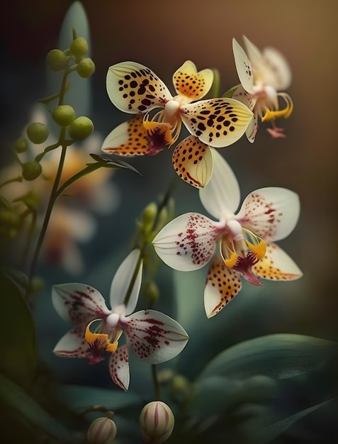 Foto um close-up de uma orquídea com uma flor manchada de marrom e branco.