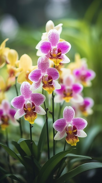 Um close-up de uma orquídea roxa e branca com flores amarelas.