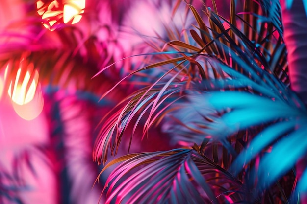 Foto um close-up de uma palmeira com luzes brilhantes no fundo