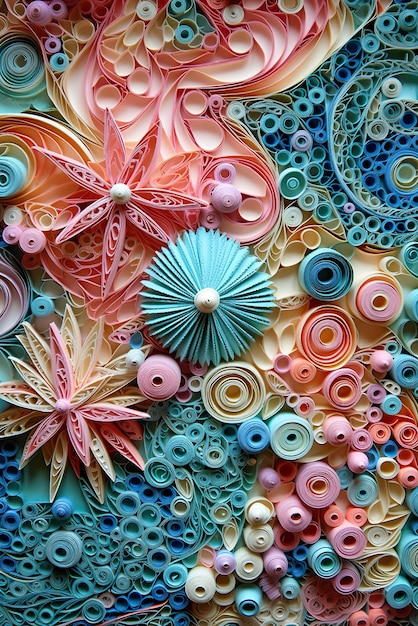 Um close-up de uma parede com muitas imagens de ai generativas de flores de papel coloridas diferentes