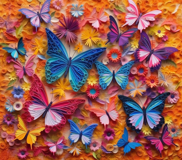 Foto um close-up de uma parede de borboletas coloridas com muitas borboletas diferentes