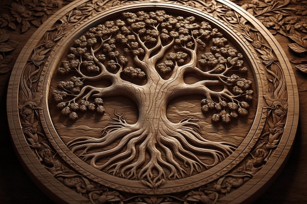 Um close-up de uma parede de madeira esculpida com uma árvore da vida generativa ai