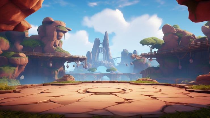 Foto um close-up de uma passarela de pedra em um jogo com um fundo de céu generativo ai