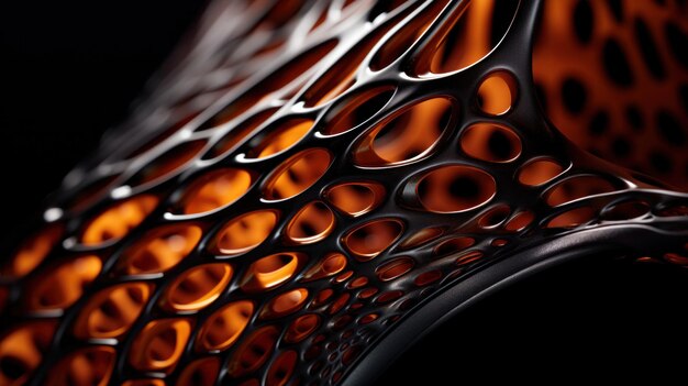 Um close-up de uma peça de arte que é feita de laranja e preto ai