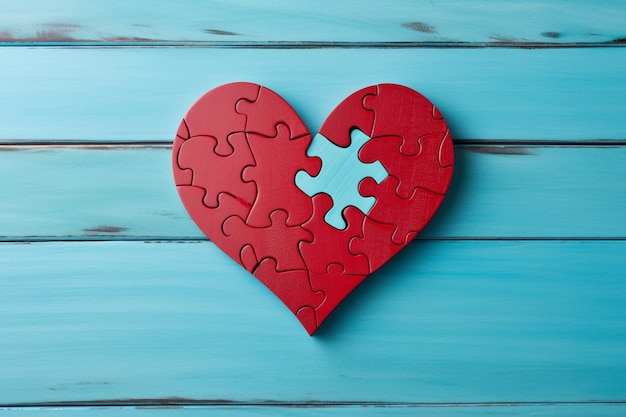 Um close-up de uma peça de quebra-cabeça em forma de coração vermelho em uma mesa de madeira azul