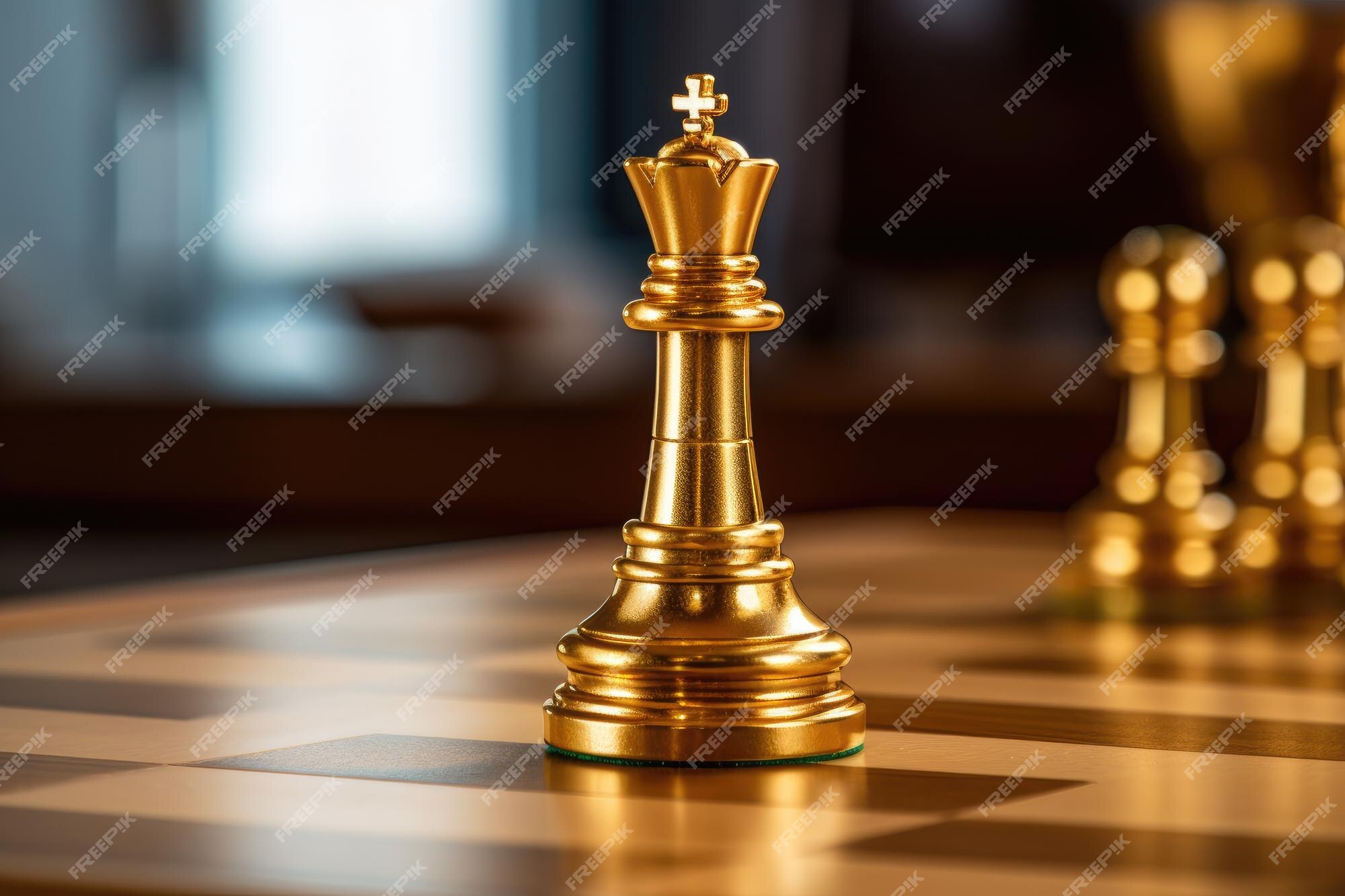 Tabuleiro de xadrez dourado com peças primorosamente desenhadas em suas posições  iniciais generative ai