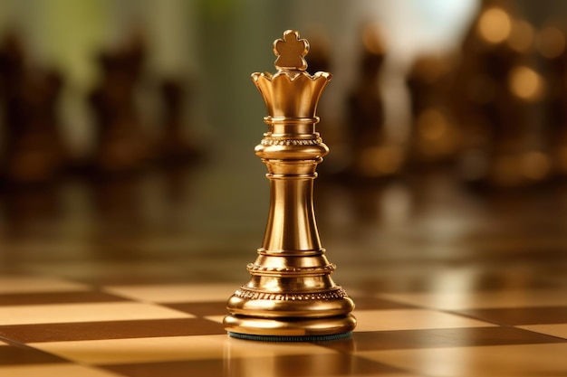 Um close-up de uma peça de xadrez de rainha de ouro em pé com confiança em um tabuleiro de xadrez Generative AI