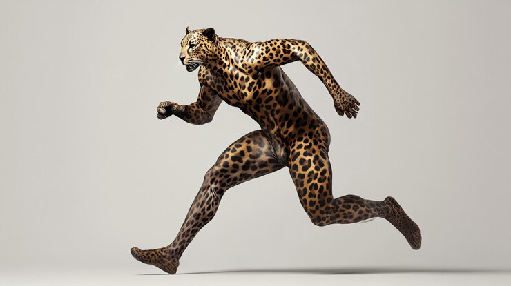 Foto um close-up de uma pessoa em um traje de leopardo correndo