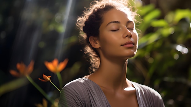 Foto um close-up de uma pessoa mostrando calma em um ambiente sereno e tranquilo