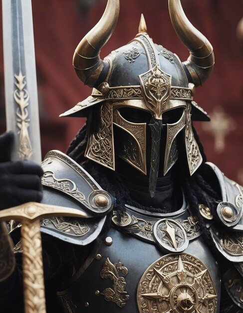 um close-up de uma pessoa vestindo um capacete com chifres e segurando uma espada