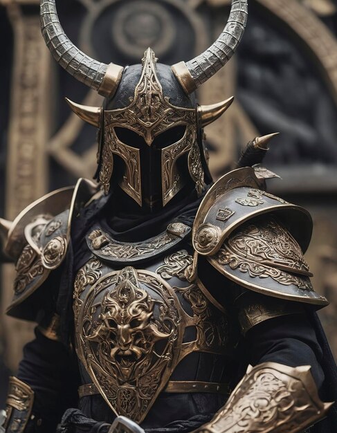 um close-up de uma pessoa vestindo um capacete com chifres e segurando uma espada
