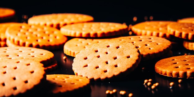 Foto um close-up de uma pilha de biscoitos com um que diz 'biscoitos' sobre ele