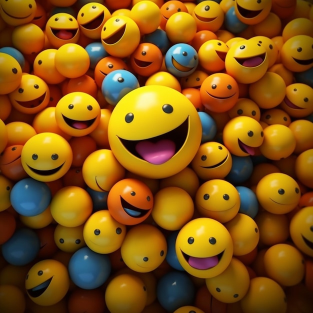 um close-up de uma pilha de bolas amarelas e azuis com rostos generativos ai