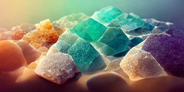 Um close-up de uma pilha de gemas de vidro coloridas