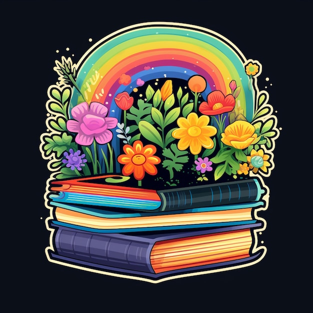 um close-up de uma pilha de livros com flores e um arco-íris generativo ai