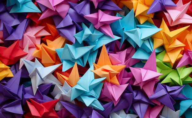 Foto um close-up de uma pilha de origami pássaros de papel generativo ai