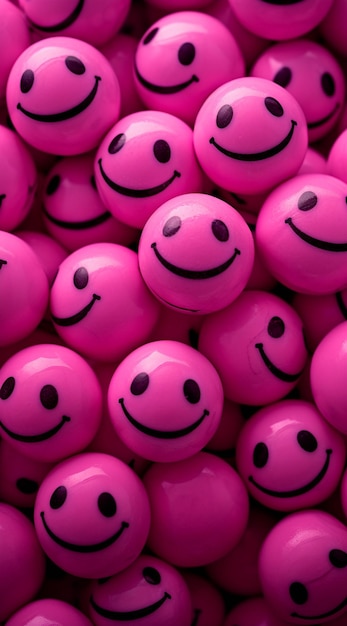 Um close-up de uma pilha de rostos sorridentes cor-de-rosa com olhos pretos