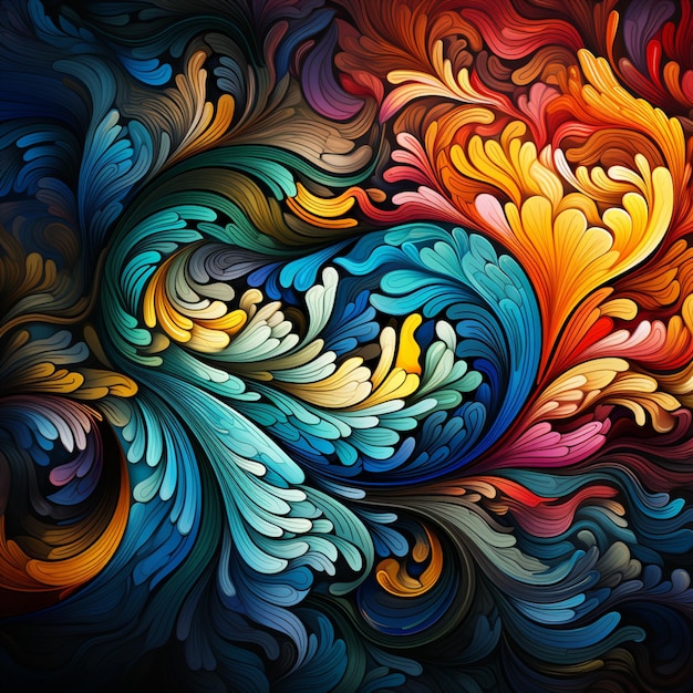 um close-up de uma pintura colorida de um pássaro com um design giratório generativo ai