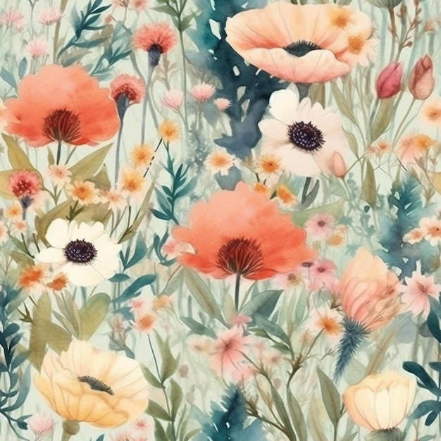 Um close-up de uma pintura de flores em um fundo azul generativo ai