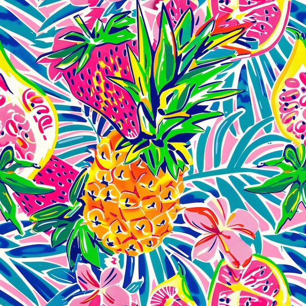 um close-up de uma pintura de frutas e flores em um fundo rosa generativo ai