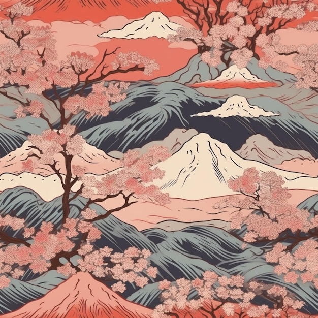 Um close-up de uma pintura de montanhas e árvores com flores cor-de-rosa