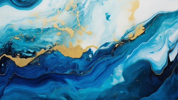 um close-up de uma pintura de um ai gerador de ondas azul e dourado