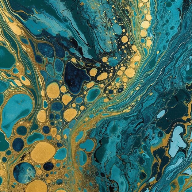 um close-up de uma pintura de um líquido azul e dourado pintura generativa ai