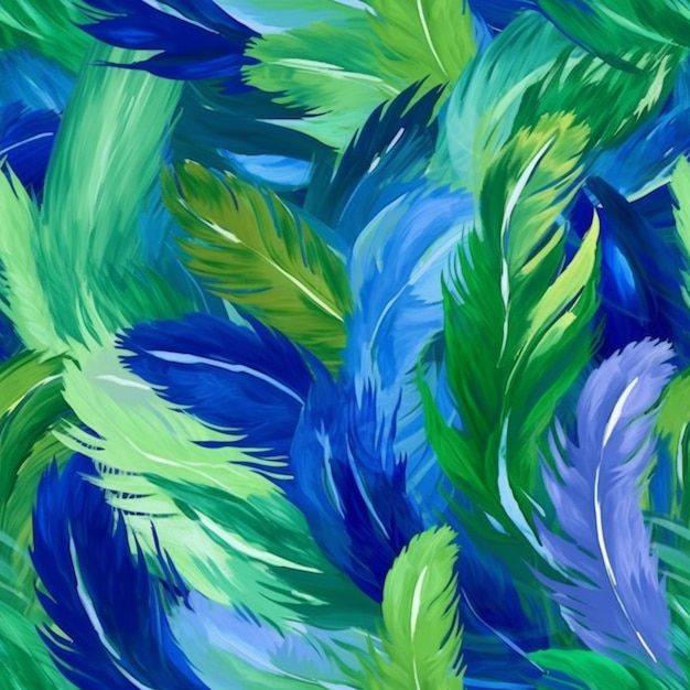 Foto um close-up de uma pintura de um monte de penas verdes e azuis generativo ai