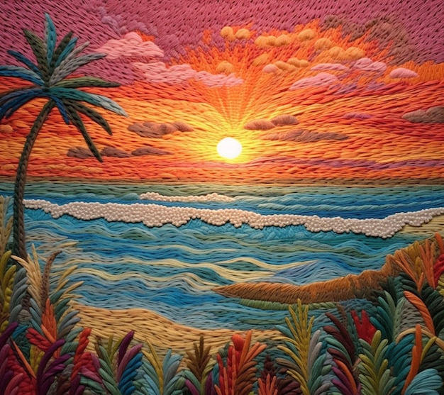 Um close-up de uma pintura de um pôr do sol com uma palmeira generativa ai