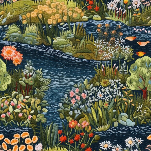 um close-up de uma pintura de um rio com flores e plantas generativo ai