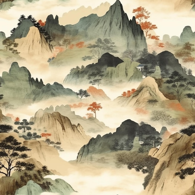Um close-up de uma pintura de uma montanha com árvores generativa ai