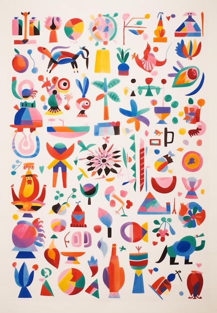 Foto um close-up de uma pintura de vários objetos coloridos em um fundo branco generativo ai