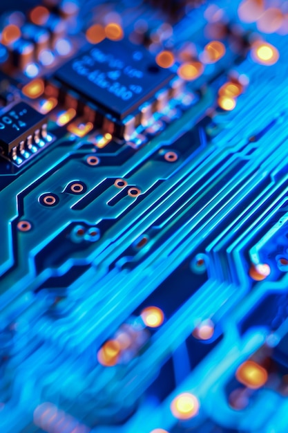 Foto um close-up de uma placa de circuito azul com muitas pequenas luzes nele