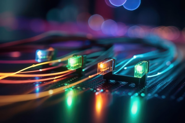 Um close-up de uma placa de circuito com luzes coloridas