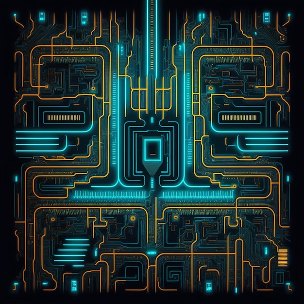 um close-up de uma placa de circuito com muitas linhas de cores diferentes