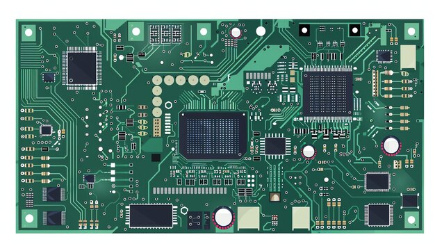 Um close-up de uma placa de circuito verde com vários componentes eletrônicos, incluindo chips, resistores e capacitores